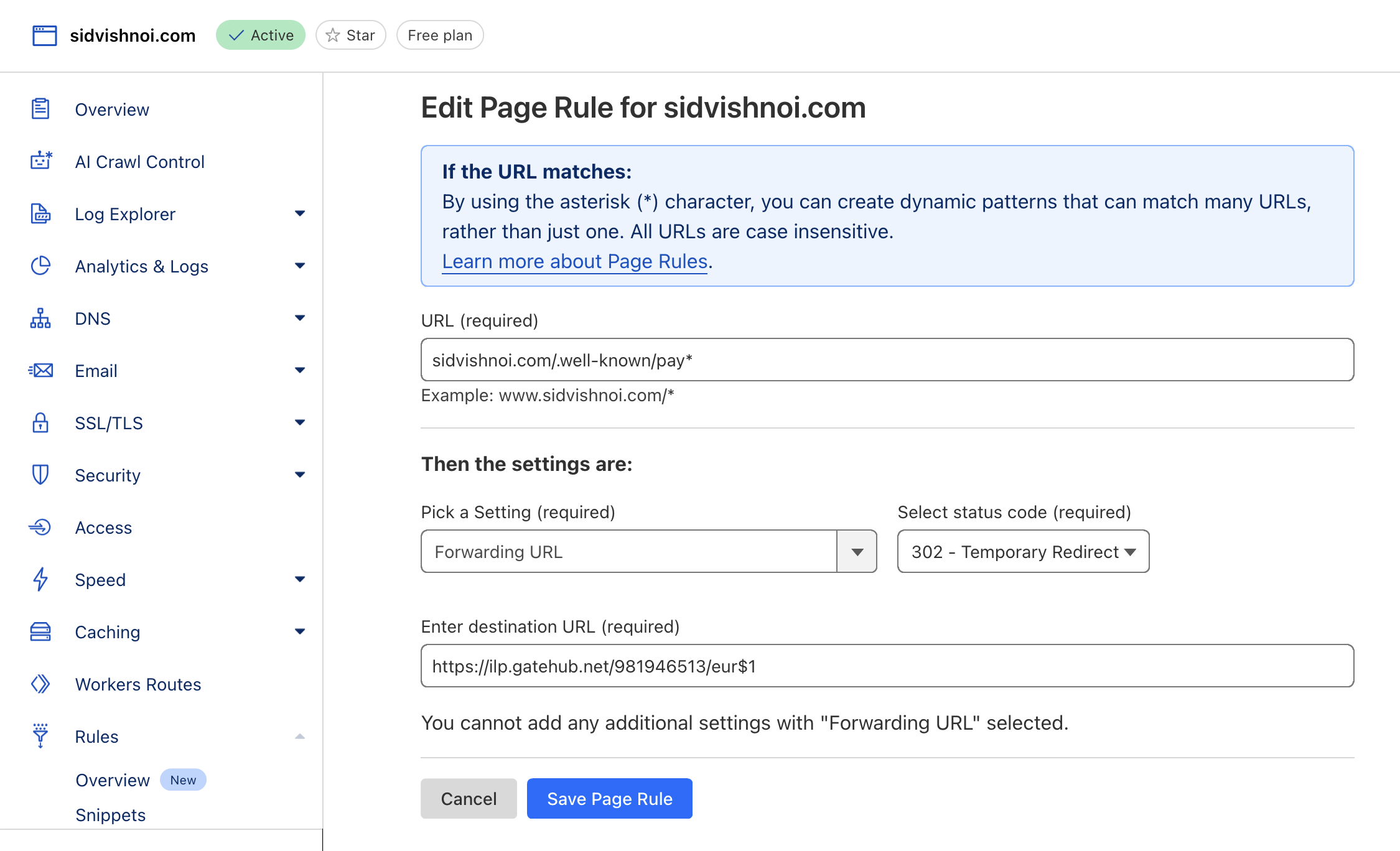 Screenshot showing Cloudflare dashboard with the Page rule editor showing setup of my domain using a redirect to my GateHub wallet